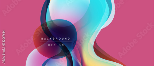 Abstract fluid shapes overlap, creating vibrant color gradients. Pink background complements blue, purple hues. Modern design element.