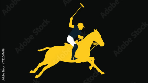 Dynamic polo player riding horse silhouette in bold gold against black backdrop perfect for luxury branding and equestrian event promotions