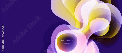 Abstract floral shapes overlap, creating vibrant color gradients. Purple background complements yellow, pink hues. Modern design element.