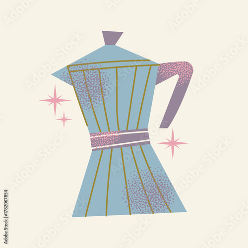 Retro Moka Pot Coffee Maker Vector Illustration. Italian Espresso Percolator, Blue Stovetop Machine with Sparkles. Flat Hand-Drawn Kitchen Tool Icon