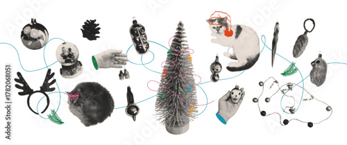 Paper cut out Christmas tree, toys, cat, hands with dot texture. Christmas ornament halftone art collage set. Grunge vector illustration.