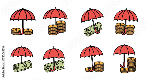 Set of eight cartoon illustrations depicting money protected by red umbrellas on a white background, featuring stacks of coins and rolled banknotes, ideal for financial websites, books, cards, and