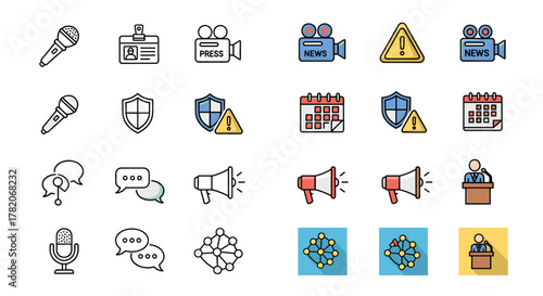 Collection of public relations and communication icons in various styles, including microphones, press cameras, news cameras, ID badges, shields with warning signs, calendars, speech bubbles