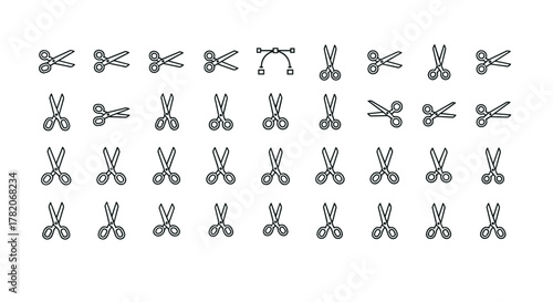 A collection of minimalistic scissors icons in various styles and orientations, perfect for web design, graphic design, apps, banners, social networks, and cards. This vector cartoon illustration