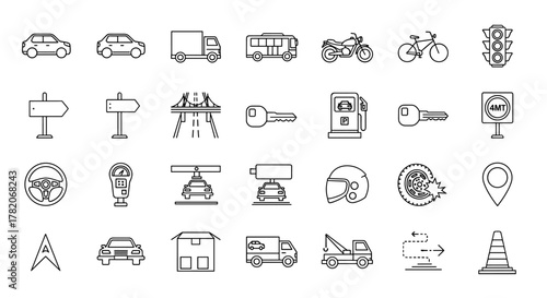 Collection of clean line art icons representing various aspects of road transport and travel, including cars, trucks, buses, motorcycles, bicycles, traffic signals, road signs, bridges, keys, gas