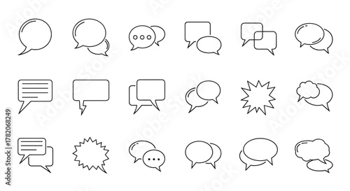 Collection of thin line icons representing speech bubbles, talking, conversation, and dialogues, perfect for web sites, books, cards, and apps. This vector cartoon set features editable strokes and
