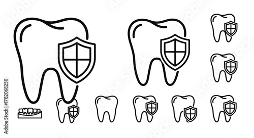 Set of linear icons representing dental protection and care, featuring teeth with shields, symbolizing security and health, ideal for dental clinics, oral hygiene products, and medical websites