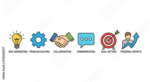 Set of six flat design icons representing key business concepts: idea generation with a lightbulb, problem solving with a gear, collaboration with a handshake, communication with a speech bubble