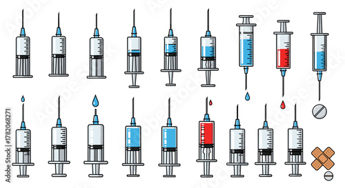 Collection of medical syringes and related items, including pills and bandages, presented in a clean, vector cartoon illustration style with a white background, ideal for healthcare and science