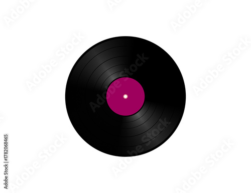 Black Vinyl Record With Magenta Center Label Retro Music, Groove and Analog Sound.