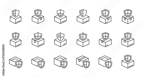 Set of 18 line art icons representing secure package delivery and shipping protection, featuring boxes with shields in isometric view on a white background, perfect for logistics and e-commerce