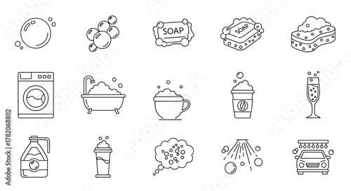 Set of linear icons representing bubbles and foam, including a washing machine, bathtub, soap, sponge, coffee cup, champagne glass, cleaning liquid, car wash, and shower spray, all on a clean white