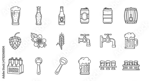 Collection of outline vector icons representing beer and brewing elements, perfect for infographics, articles, books, flyers, and banners. Includes glasses, bottles, cans, barrels, hops, wheat