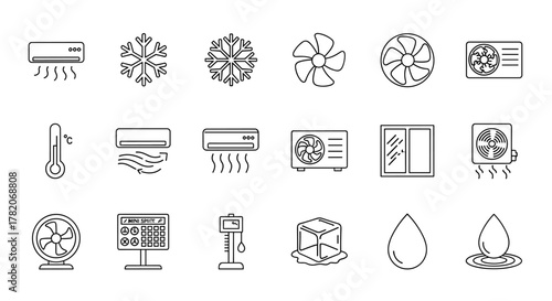 Collection of Cooling and Air Conditioner Related Line Icons, Outline Signs for Graphic and Web Design, Apps, Advertisements, Various Cards, Vector Cartoon Illustrations, Featuring Thermometer