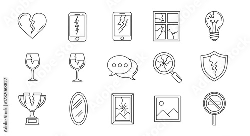 Broken Glass Line Icon Pack: A versatile collection of outline signs representing damage and failure, including a cracked heart, shattered phone screens, broken wine glasses, a fractured lightbulb, a
