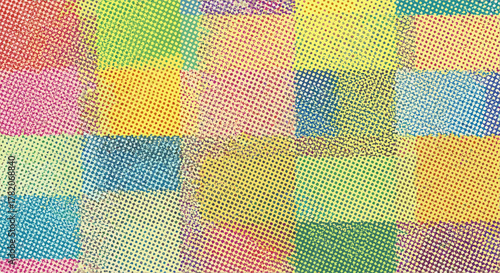 Vibrant and colorful abstract background featuring a checkerboard pattern composed of halftoned squares in a spectrum of bright hues, creating a retro and graphic design aesthetic with a playful and