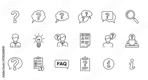 Collection of question mark and information icons, including question bubbles, help desk forms, magnifying glass, light bulb, and people icons, suitable for graphic design, web design, apps, adverts
