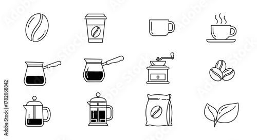 A collection of twelve minimalist line art icons representing coffee and its preparation, including coffee beans, a takeaway cup, a mug, a steaming cup, a cezve, a French press, a coffee grinder, a