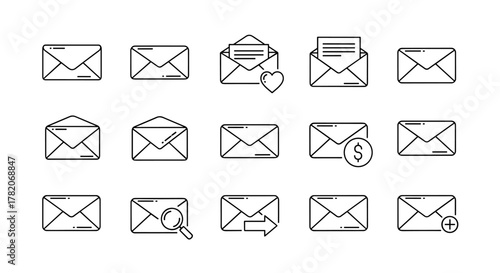 Collection of minimalistic, editable stroke line icons representing envelopes, suitable for various design applications including cards, apps, banners, and social media posts. This vector set