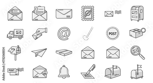 Collection of postal and mail-related line icons, featuring envelopes, stamps, mailboxes, delivery trucks, paper airplanes, and notification bells, ideal for graphic and web design, apps, adverts