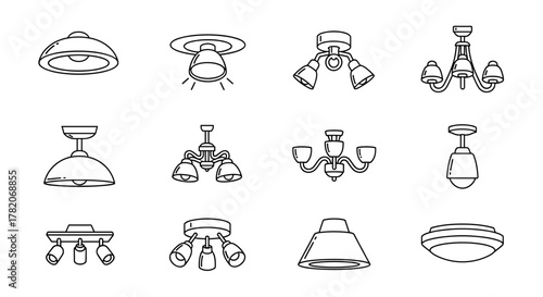 Collection of twelve diverse ceiling light and chandelier outline icons, presented on a clean white background, perfect for graphic design, web development, app interfaces, advertising, and various