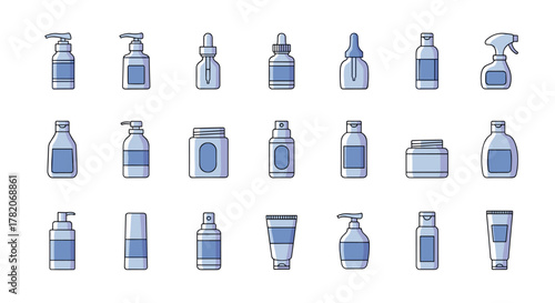 A comprehensive collection of cosmetic bottle icons, featuring various designs like pump dispensers, droppers, spray bottles, jars, and tubes, perfect for UI elements, placards, books, and apps