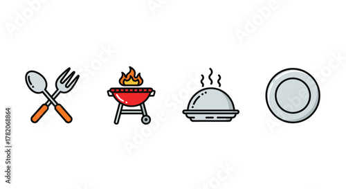Vibrant and playful cartoon illustration of a cooking icon set, featuring a crossed spoon and fork, a red barbecue grill with flames, a covered dish with steam, and a simple plate, perfect for