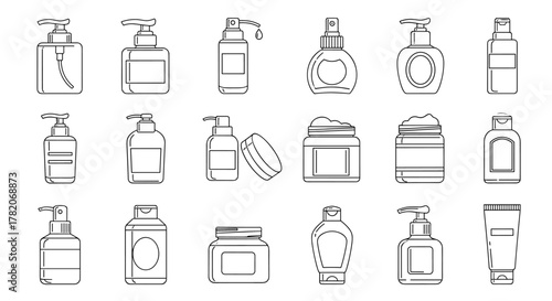 Collection of outline cosmetic bottles and jars, including pump dispensers, spray bottles, and tubs, presented in a clean, linear vector style suitable for graphic design, web applications