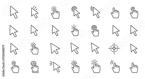 Collection of outline cursor icons for graphic and web design, apps, adverts, and various cards. This ordered set includes standard arrow cursors, hand pointers, and target icons, presented as a