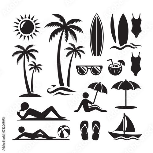 Black silhouette icons of beach vacation elements including sun palm trees surfboards and people