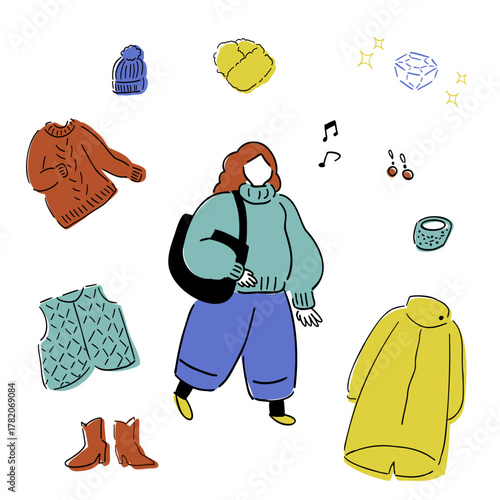 ショッピングを楽しむ女性_冬,冬アイテム,セール,手描きイラスト_冬カラー｜ Woman Enjoying Shopping_Winter, Winter Items, Sale, Hand-drawn Illustration_Winter Color