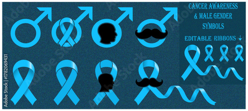 Male gender symbols icon on granular background. Moustache, cancer ribbon and man silhouette on Mars sign and light blue ribbon for men's health awareness campaign, movember movement (Isolated)