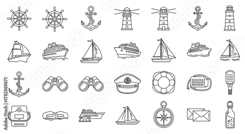 Nautical and Maritime Line Icon Set: A Comprehensive Collection of Outline Symbols for Graphic and Web Design, Apps, Advertisements, and Various Cards, Featuring a Vector Cartoon Illustration on a