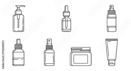 Set of eight minimalist line art icons representing various cosmetic bottles and containers, including pump dispensers, dropper bottles, spray bottles, jars, and tubes, all on a clean white