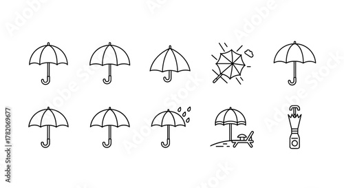 Collection of linear umbrella and parasol icons, symbolizing protection from rain and sun, perfect for graphic design, web applications, and illustrative purposes, presented on a clean white