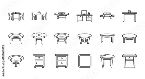 Modern outline style icons of various tables and desks, including dining tables, coffee tables, picnic tables, and nightstands, presented as a clean vector illustration on a white background, perfect