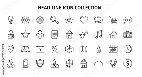 A comprehensive collection of outline icons representing various items, perfect for graphic and web design, app development, advertisements, and diverse card applications. This vector cartoon