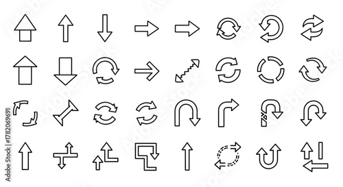 Collection of diverse line art arrow icons, featuring directional pointers, circular arrows, and navigation symbols, perfect for graphic design, web development, app interfaces, and advertising