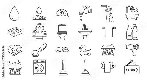 A comprehensive collection of thin line icons representing water and bathroom essentials, perfect for web, print, and digital applications. This set includes elements like water drops, waves, soap