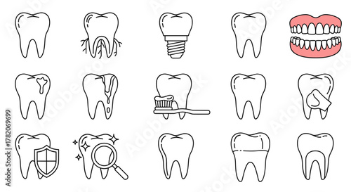 Collection of line art icons representing various dental health concepts, including healthy teeth, cavities, tooth decay, dental implants, tooth brushing, and dental examination, suitable for graphic