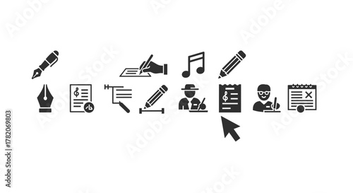 Collection of solid vector icons representing writing and documentation, including fountain pen, nib, pencil, sheet music, handwritten notes, editing tools, a writer at a desk, and a calendar with an
