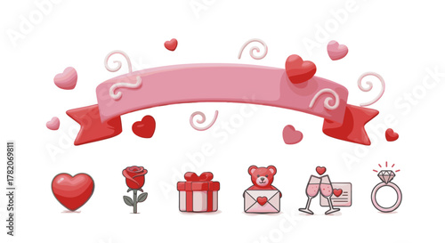 Charming 3D Valentine's Day Banner and Icon Set: A delightful collection featuring a pink ribbon banner adorned with hearts and swirls, accompanied by individual icons of a heart, rose, gift box
