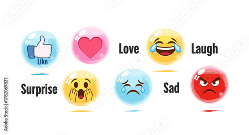 Collection of vibrant, glossy bubble icons representing social media reactions: Like, Love, Laugh, Surprise, Sad, and Angry. This set of cartoon illustrations with a white background is perfect for