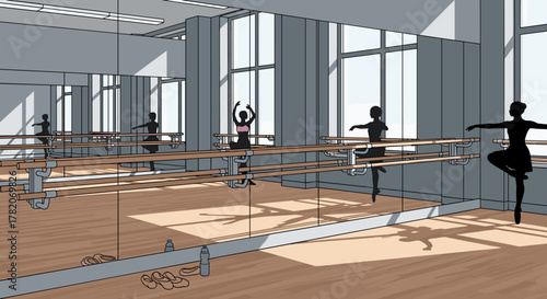 Sunlit ballet studio with mirrored walls and wooden floors, featuring silhouettes of dancers practicing at ballet barres, embodying grace and discipline in a vibrant, energetic atmosphere.