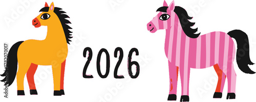 Vibrant cartoon horses in playful designs celebrate the year 2026 with festive charm and joy