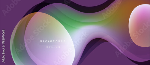 Abstract fluid shapes, vibrant colors blend. Gradient waves create dynamic background, modern design element. Purple, green, orange hues dominate composition.