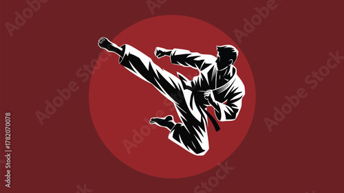 Dynamic martial artist executing a powerful kick in a bold silhouette, perfect for sports branding, fitness promotions, or motivational content, vibrant action