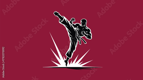 Dynamic martial artist delivering powerful kick in mid-air with speed and precision for fitness, self-defense, and strong competitive spirit