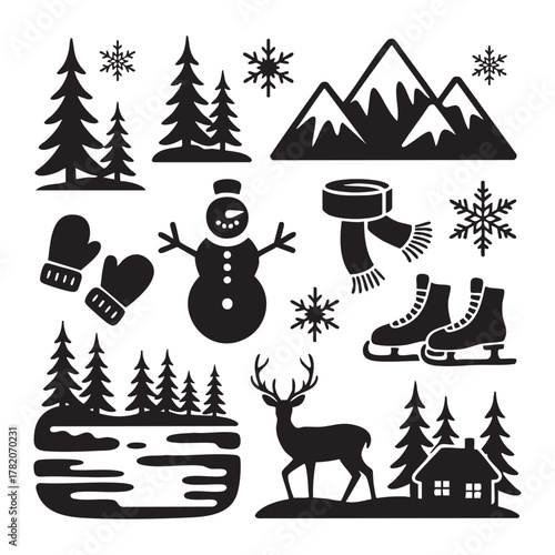 Black silhouette winter icons including snowman, deer, mountains, trees, and ice skates
