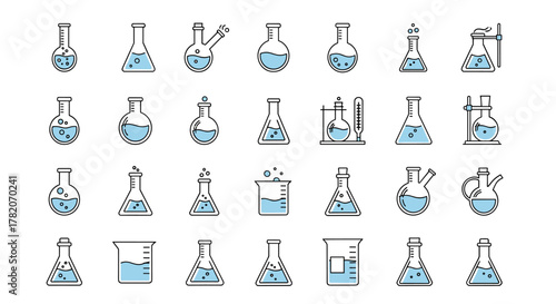 A collection of minimalistic, linear pictograms representing various laboratory flasks and beakers, filled with blue liquid and bubbles, suitable for web design, graphic design, apps, banners, social